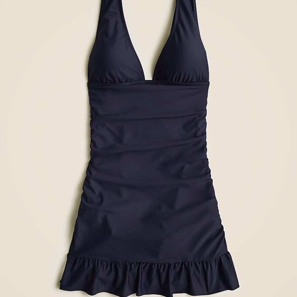 NWT J CREW Long Torso Ruffle Swim Dress in Navy